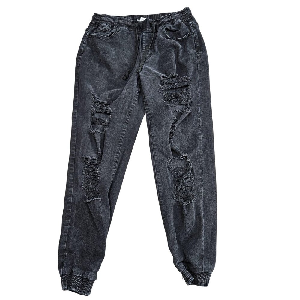 Forever 21 High Rise Jogger Jeans Womens S Charcoal Distressed‎ Stretch Denim